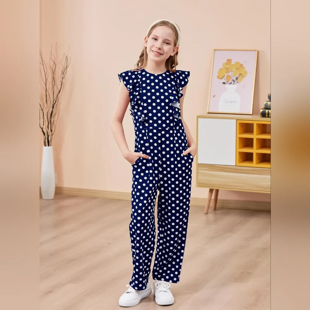 NWT Gorlya Jumpsuit Romper Navy blue with white polka dots Size Girls 8